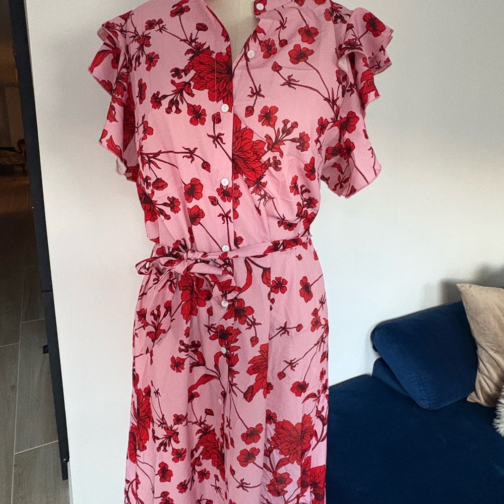 Red and Pink Ruffled Wrap Midi Dress